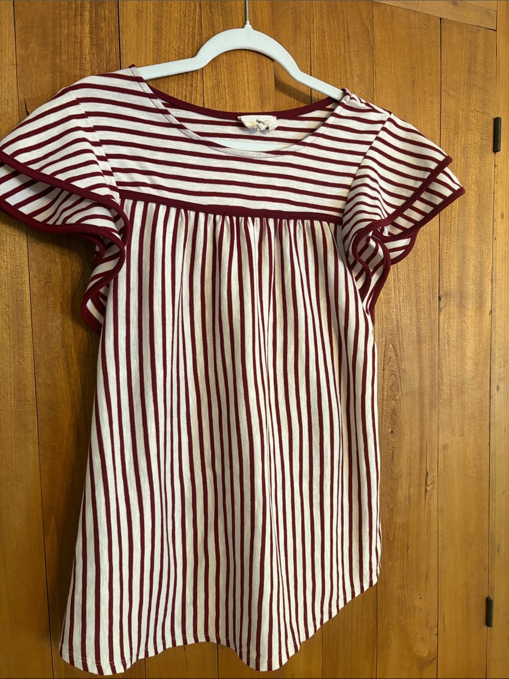 Burgundy and White Striped Flutter-Sleeve Blouse